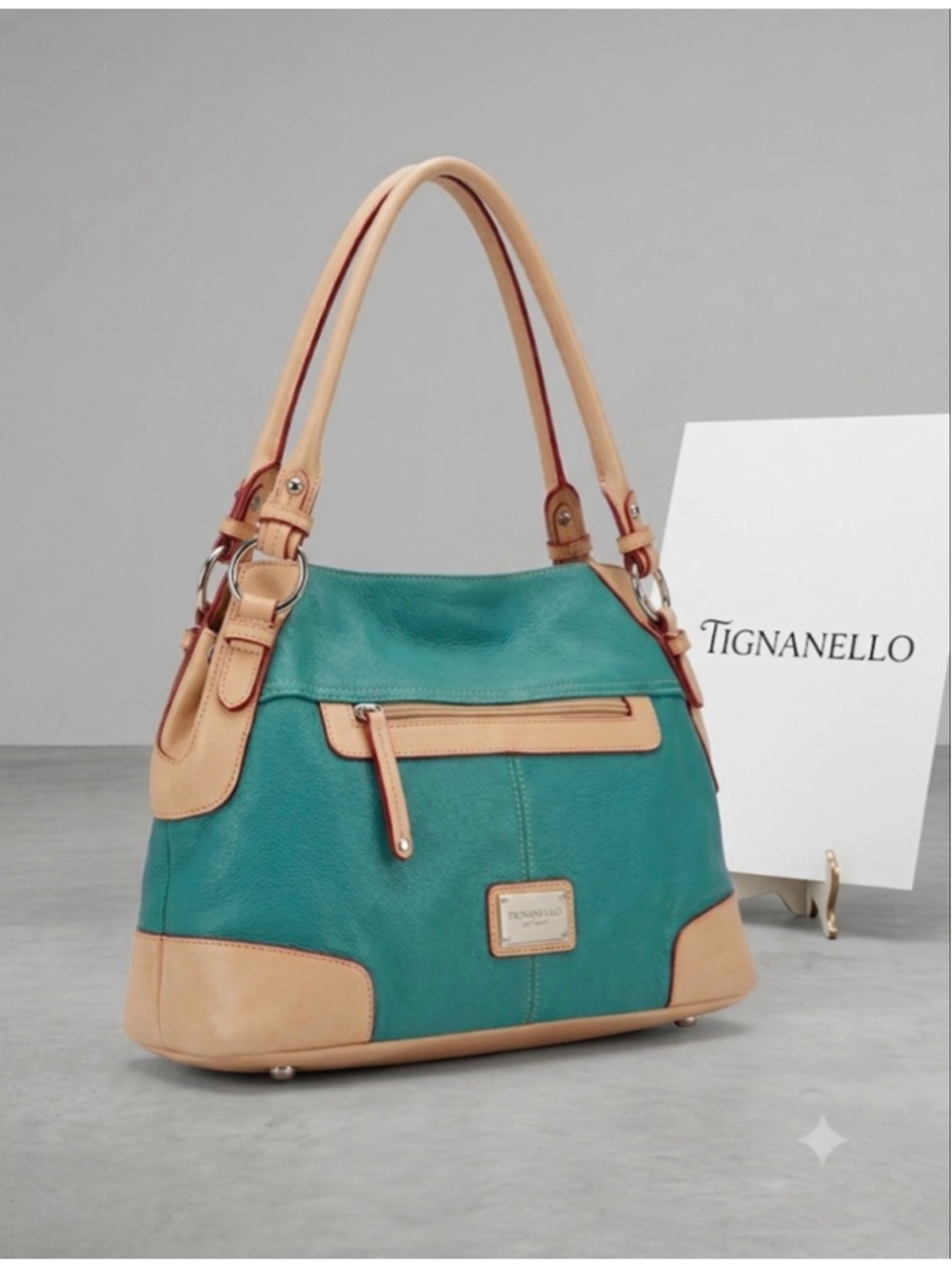 Tignanello Teal & Beige Leather Shoulder Bag with Red Trim
